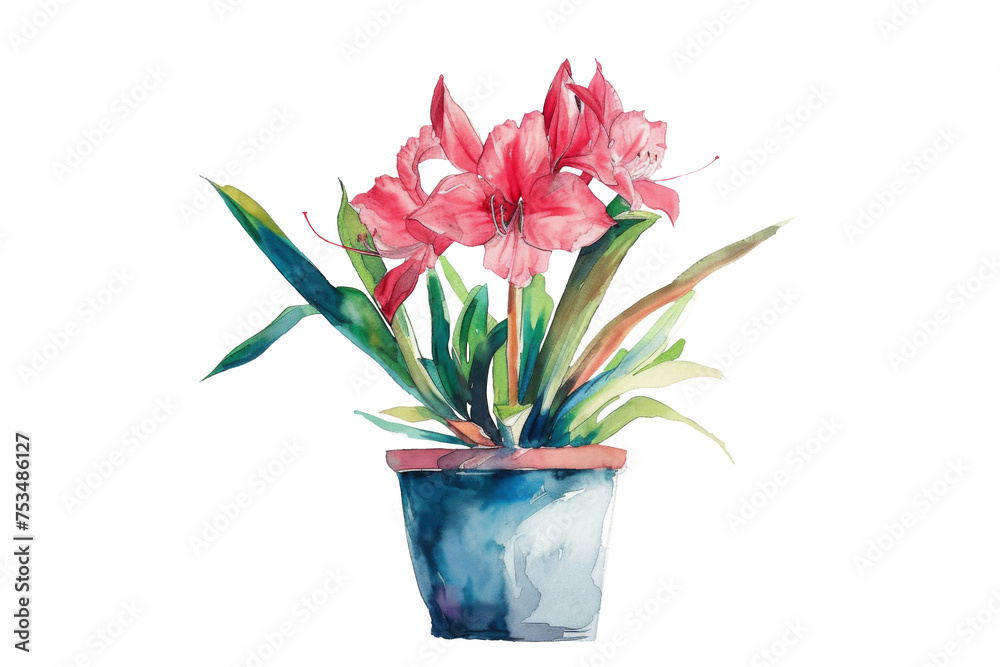 Watercolor colorful flower houseplant in pot isolated on background, floral element for greeting card invitation, bouquets garden. - obrazy, fototapety, plakaty 