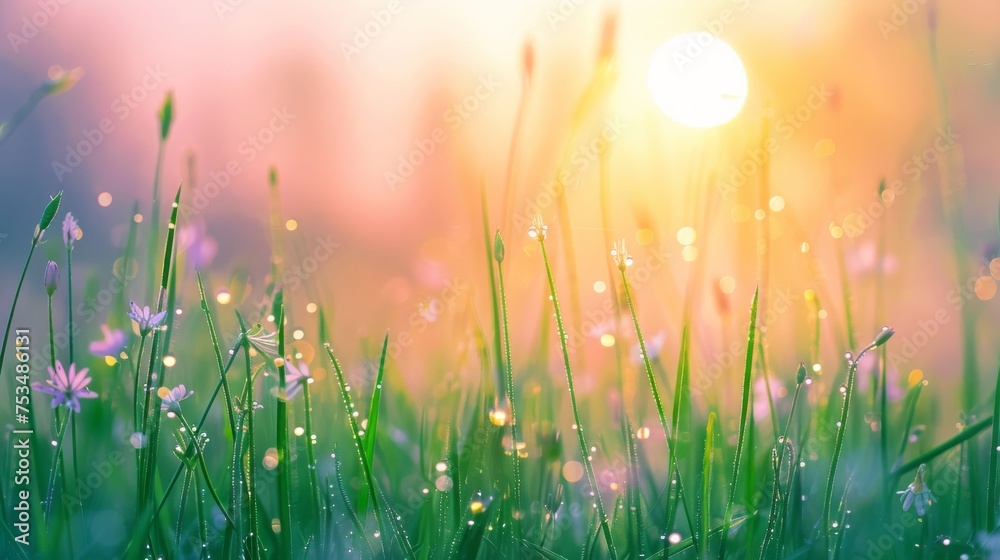 Close-up of a dew-covered meadow with delicate flowers, backlit by the warm glow of a sunrise.