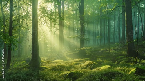 Misty sunrays filter through the canopy of an enchanted green forest, illuminating the lush undergrowth.