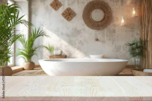 empty table on a blurry kitchen background  a wooden countertop.