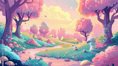 Illustration of a fantasy landscape, featuring whimsical trees and glowing mushrooms under a vibrant sunset sky.