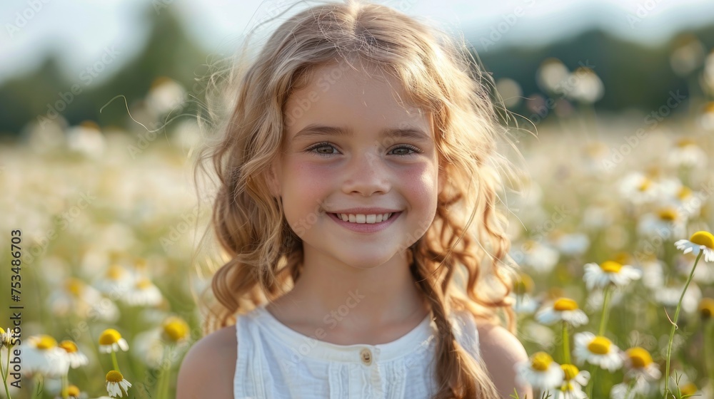 A young girl standing amongst blooming daisies in a field A young girl standing amongst blooming daisies in a field
