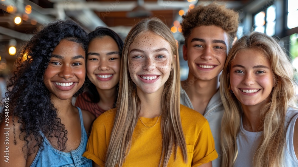 Several young individuals, standing closely next to each other in a group Several young individuals, standing closely next to each other in a group