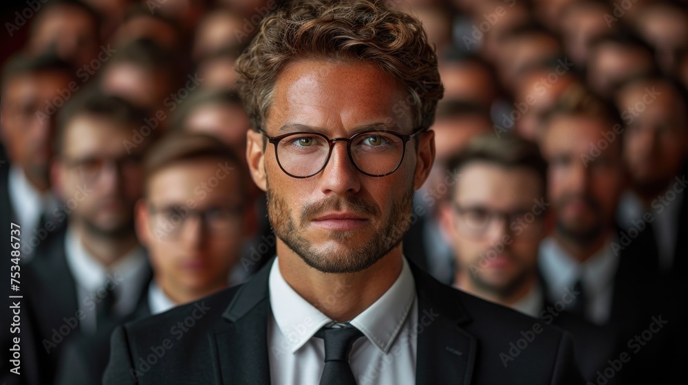 A man in a suit and tie stands in front of a group of other men - obrazy, fototapety, plakaty 