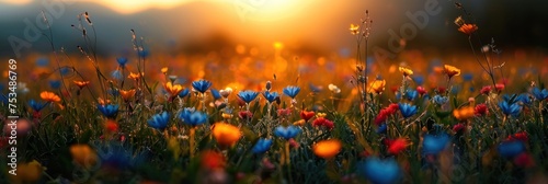 A field of colorful flowers with the sun setting in the background