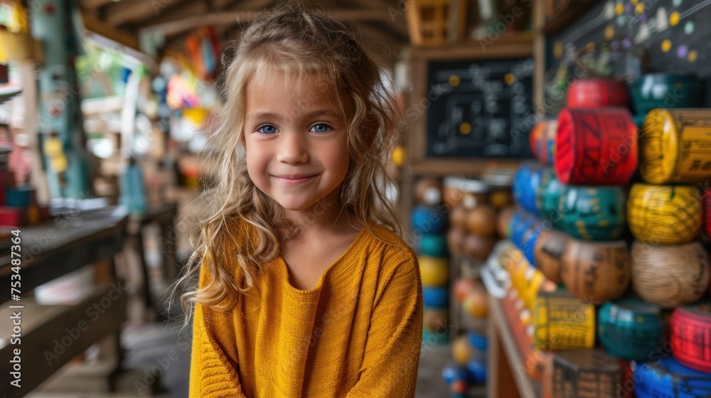 Young girl standing in front of a shop