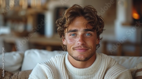 A man is seated on the backrest of a couch in a living room