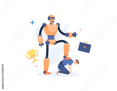 Illustration of a robot defeats human. A male worker is defeated by a robot. Robots are replacing human jobs. Artificial Intelligence. revolution and technology. flat style illustration concept design