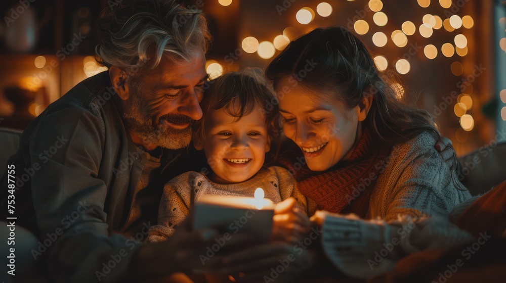 Medium shot of a family celebrating joyously in a warm and inviting home, Medium shot of a family celebrating joyously in a warm and inviting home,