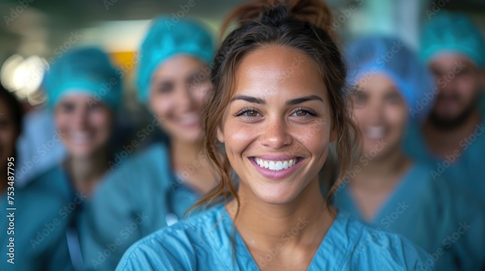 A woman in medical scrubs smiles at the camera A woman in medical scrubs smiles at the camera