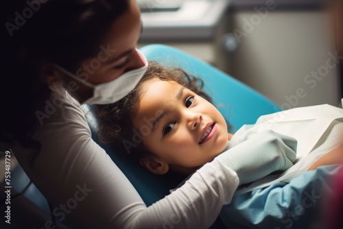 A moment of reassurance between a pediatric dentist and a child patient, a girl around 6 years old, of Hispanic descent, comforting her with a gentle touch while she sits apprehensive photo