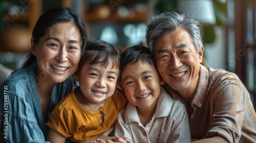 Medium shot of an Asian family showing joy and warmth