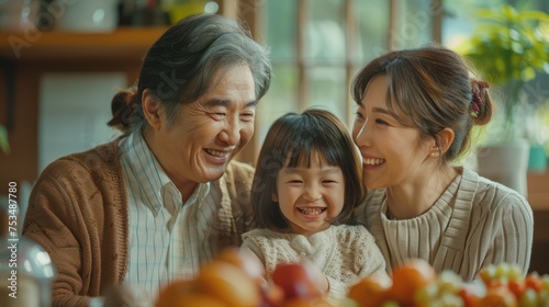 An Asian family expressing happiness in a warm  homely setting  medium shot 