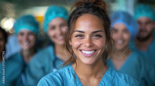 A woman in medical scrubs smiles at the camera