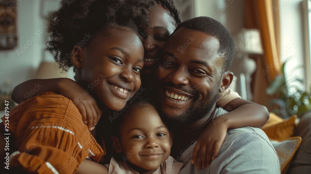 Medium shot of a Black family expressing joy and warmth in a cozy home.