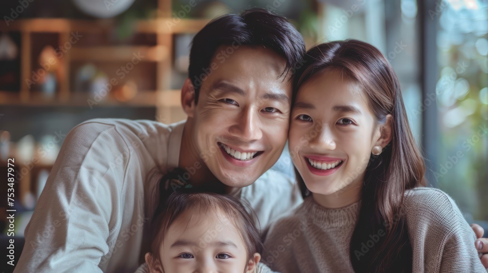 Medium shot of a joyful Asian family gathering in a snug, warm home,