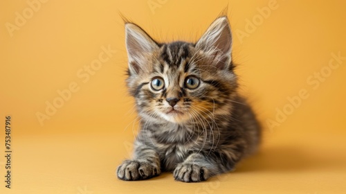 A small kitten sits on top of a bright yellow floor