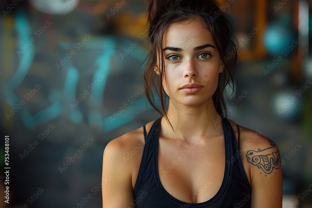 sporty beautiful yoga girl in a black top looks at the camera generated by AI