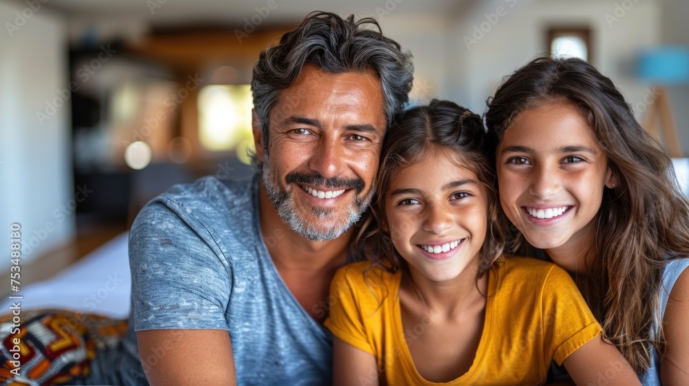 Man and two girls smiling for camera Man and two girls smiling for camera