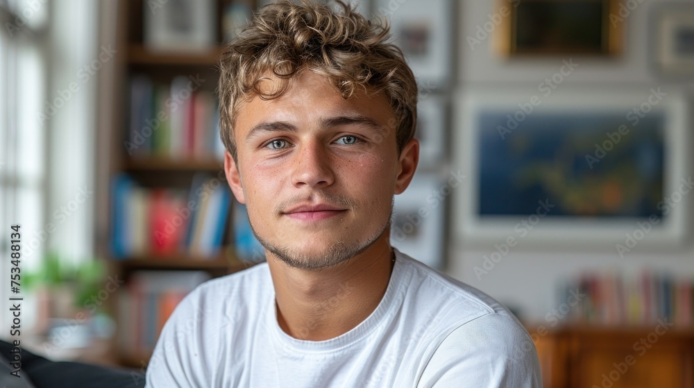 Obraz premium A young man sitting in front of a bookshelf filled with books