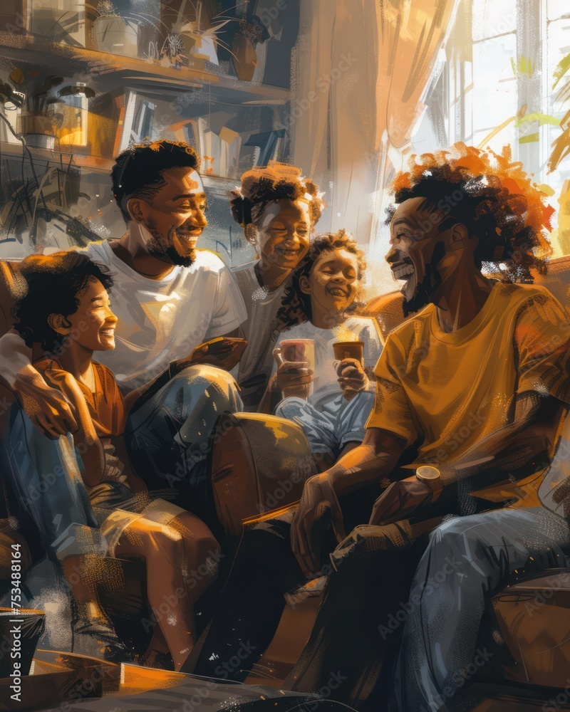 Medium shot of a Black family expressing joy and warmth in a cozy home.