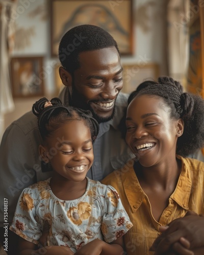 Medium shot of a Black family expressing joy and warmth in a cozy home. © happysunstock