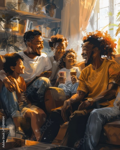 Medium shot of a Black family expressing joy and warmth in a cozy home.