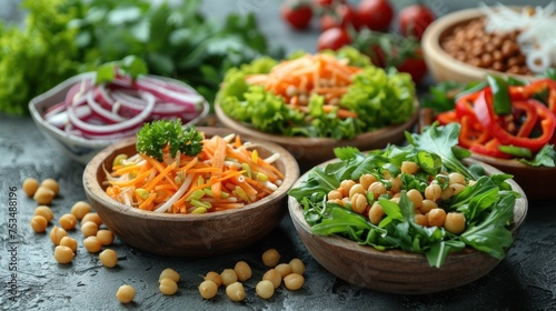 A table holds bowls filled with assorted fresh vegetables