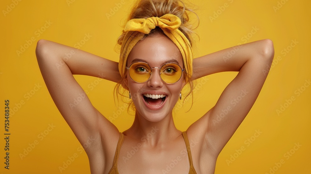 A woman wearing a yellow bow in her hair A woman wearing a yellow bow in her hair