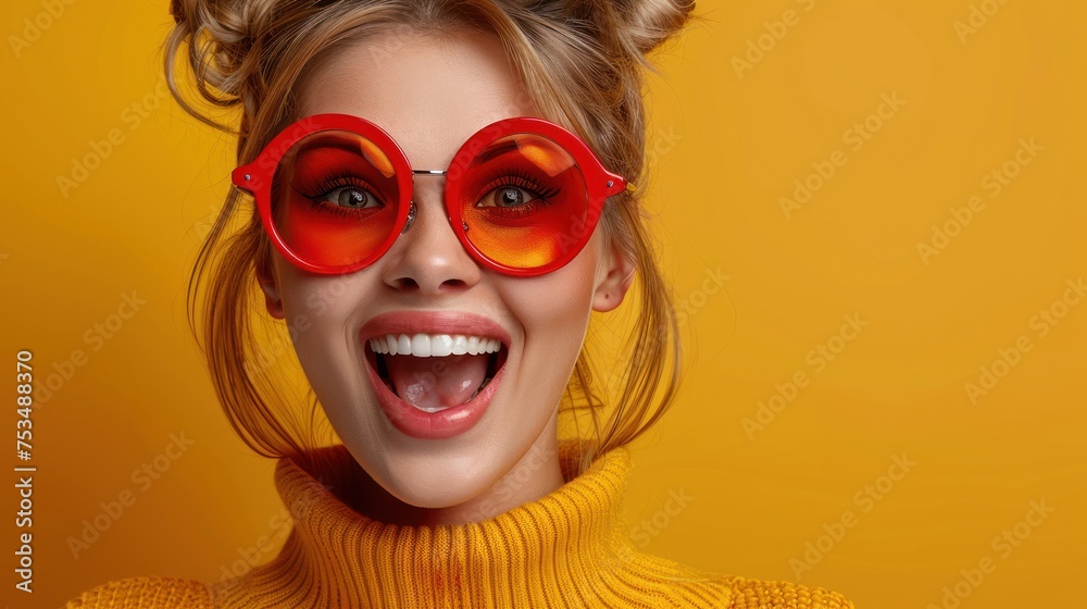 A woman in red sunglasses and a yellow sweater stands looking at the camera