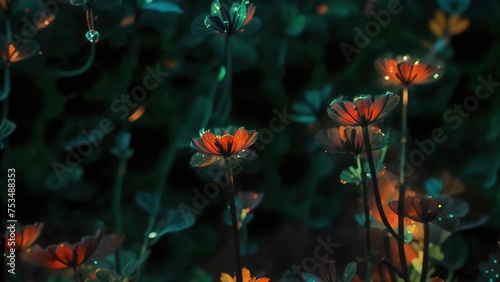 Dazzling VJ loop animation featuring colorful crystal poppies emitting neon light on a dark background, creating a vibrant and fantastic atmosphere. Ideal for electronic music events, nightclub visual