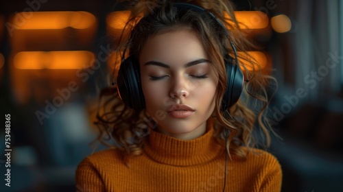 A woman is wearing headphones and looking downward © Viktor