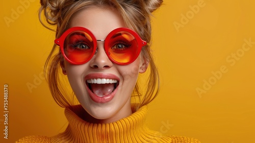 A woman in red sunglasses and a yellow sweater stands looking at the camera
