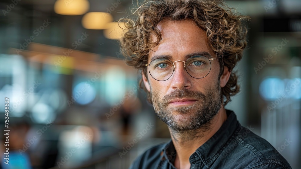 A man with curly hair and glasses making eye contact with the camera