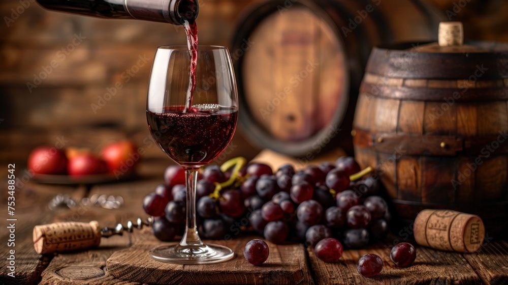 Obraz premium Red wine being poured from a glass bottle into a wine glass on a wooden table
