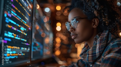 A woman wearing glasses focused on the computer screen