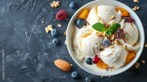 Gourmet Vanilla Ice Cream with Mixed Nuts and Dried Fruits, Indulgent Summer Dessert Concept