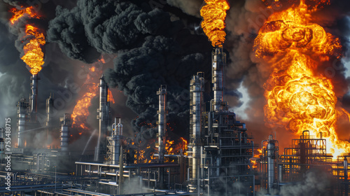 Industrial Catastrophe at Oil Refinery with Massive Flames and Smoke Rising, Concept of Emergency and Disaster