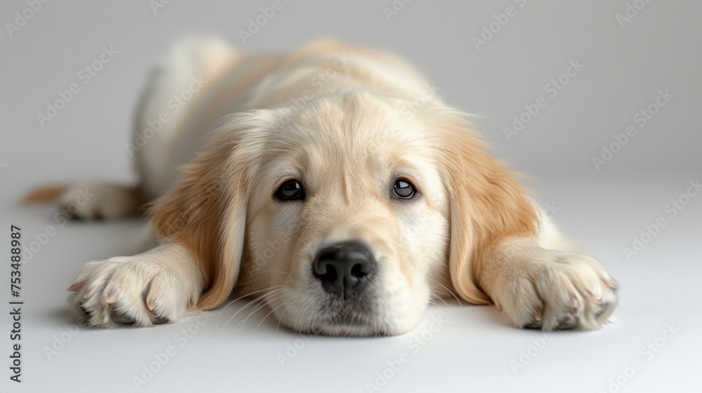 A close-up view of a dog laying on the ground