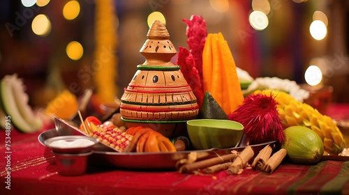Close up Image of Foods with Worship Items on Plate During Indian Festival. photo