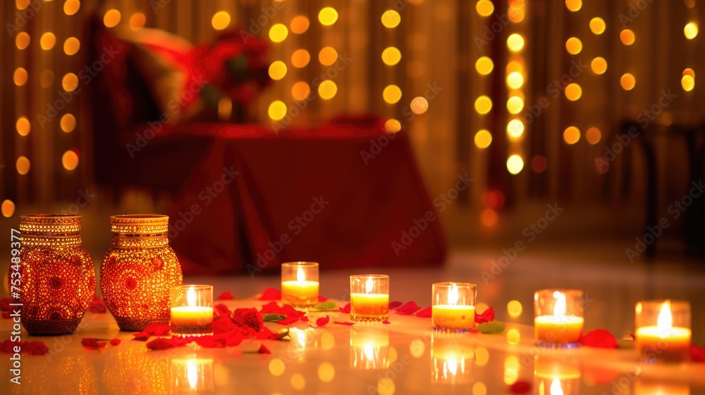 Happy Diwali Concept - Decorative floor with illuminated candles in fairy light background.