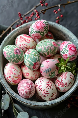 Close-Up Flat Lay of Vibrantly Painted Easter Eggs