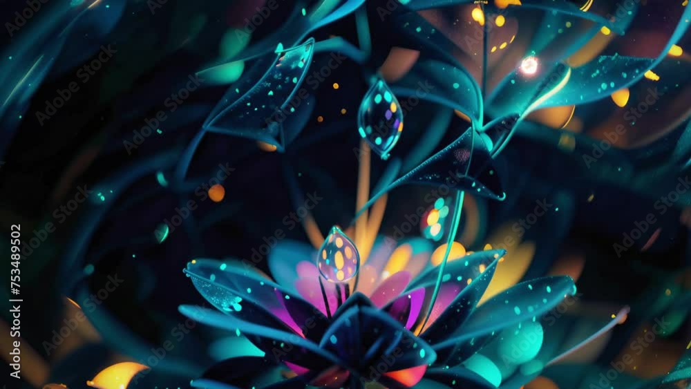 Mesmerizing VJ loop of a colorful crystal neon flower, featuring dew drops, a dark blue core, and pink outer petals. Perfect for electronic music events and captivating multimedia shows.