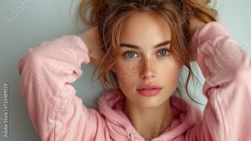 Youthful woman with freckles wearing pink hoodie and glasses.