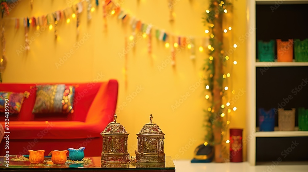 Happy Diwali Concept - home decoration with string lights and lamps.