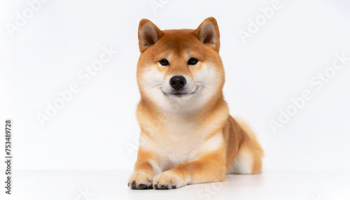 Lie down Shiba Inu photographed against a white background