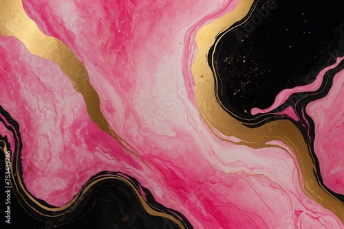 pink and black colors marble liquid watercolor paint with golden veins background
