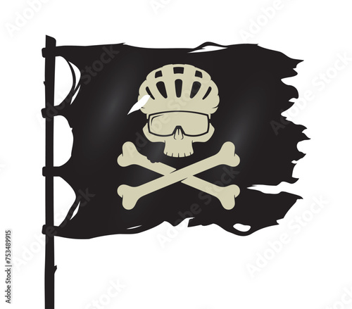Vector black tattered pirate flag with cyclist skull with crossbones and bicycle helmet and glasses symbol. Isolated on white background