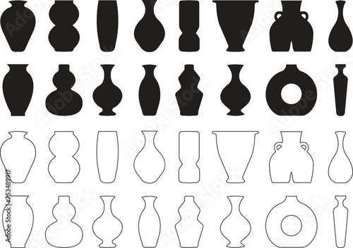 Ancient ceramic vases Icons Set. Contemporary art for home Decoration. Glass jar, Ceramic vase pot black silhouette signs in flat styles editable stock. Antique vase symbols on transparent background.