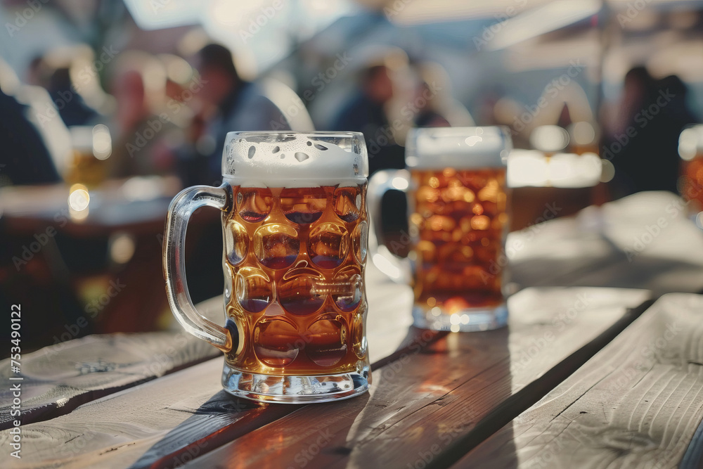 glass mugs with beer, Oktoberfest beer festival. a low-alcohol drink. glass mugs with beer, Oktoberfest beer festival. a low-alcohol drink.